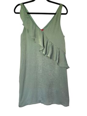 H Squared Sage Green Satin Look Ruffle Tank Double V Neck Lined M